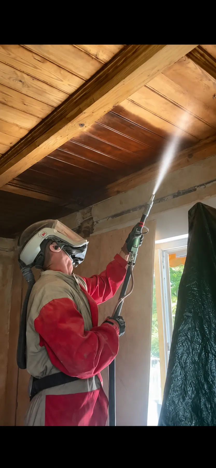 Mitarbeiter beim Strahlen von Holzbalken in einem Innenraum